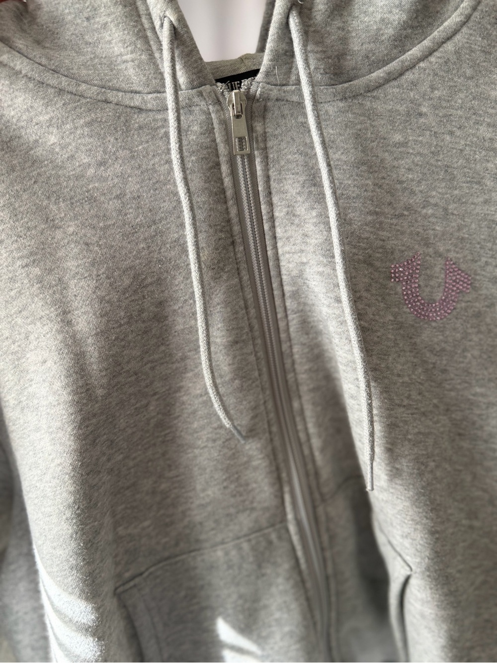 True Religion Light Gray Zip-Up Hoodie with Rhinestone Logo